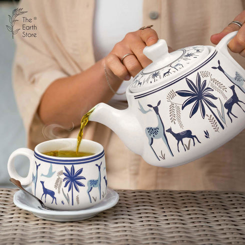 Ceramic Stag Blue Morning Tea Set - 6 Tea Cups, 1 Kettle - The Earth Store - Tea Sets